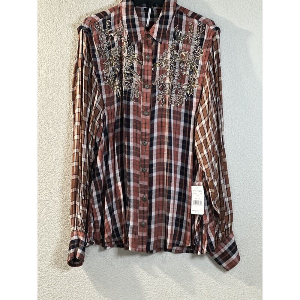 Free People Copper Plaid Snow Top Mountain Top Shirt Button down Medium M NEW